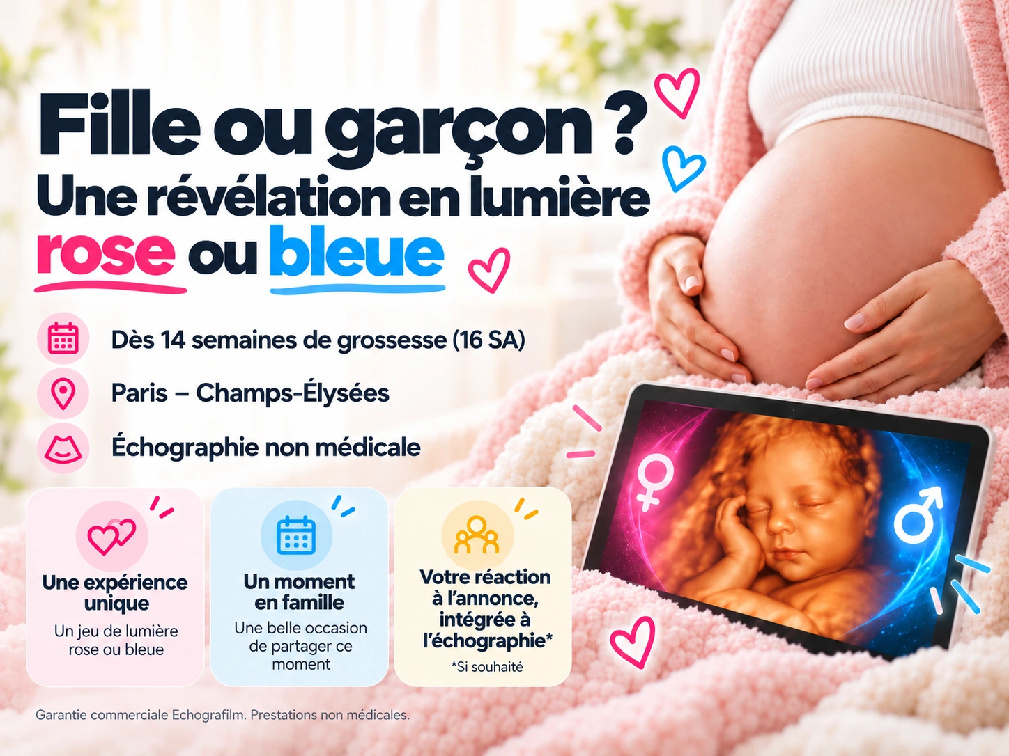 Détermination du sexe de bébé dès 14 semaines – échographie non médicale à Paris Champs-Élysées